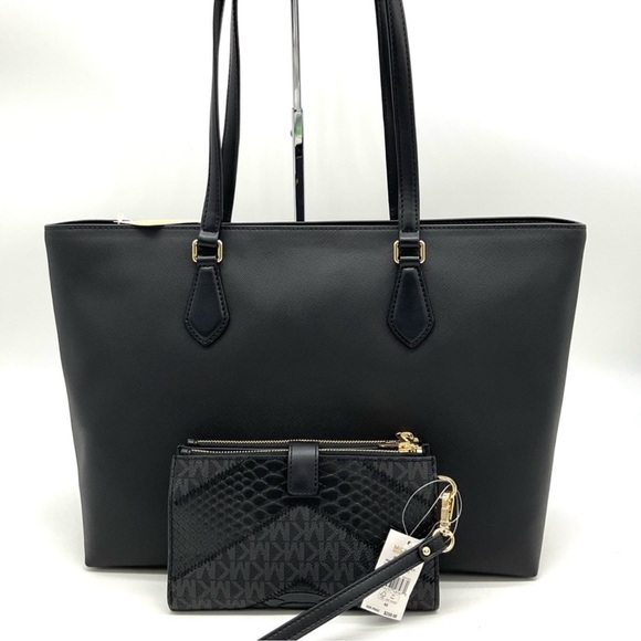 Michael Kors Bag Large Sheila Mf Tote Bag & Large Double Zip Wallet Black/Gold - Picture 5 of 14